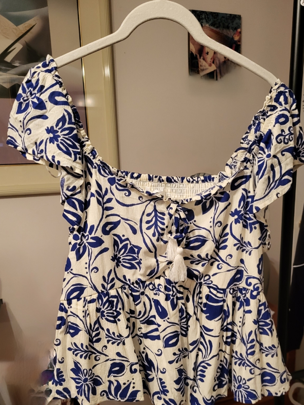 Blue Floral Off-Shoulder Peasant Blouse - Women
